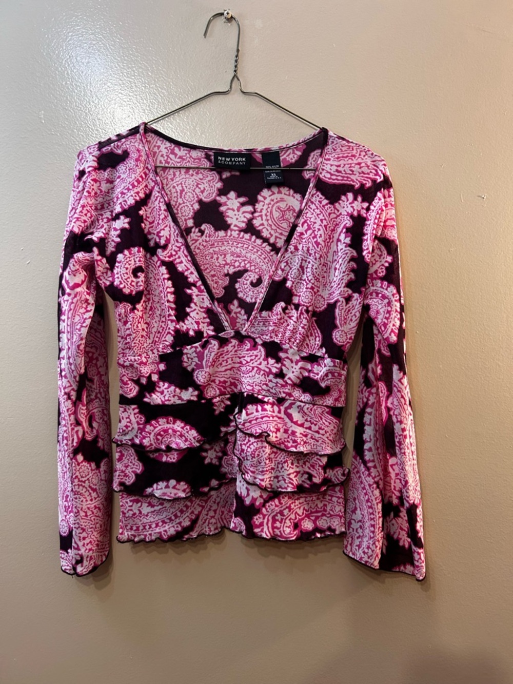 New York & Company Pink and Burgundy Paisley Wrap Blouse